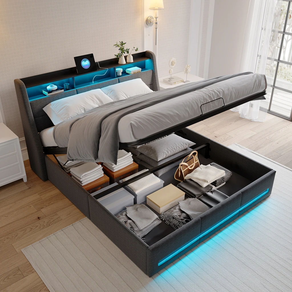 Betttruhe 140x200 mit Stauraum, doppelt gepolstertes Bett mit LED und USB, Bettgestell mit Kopfteil-Stauraum, ohne Matratze Image