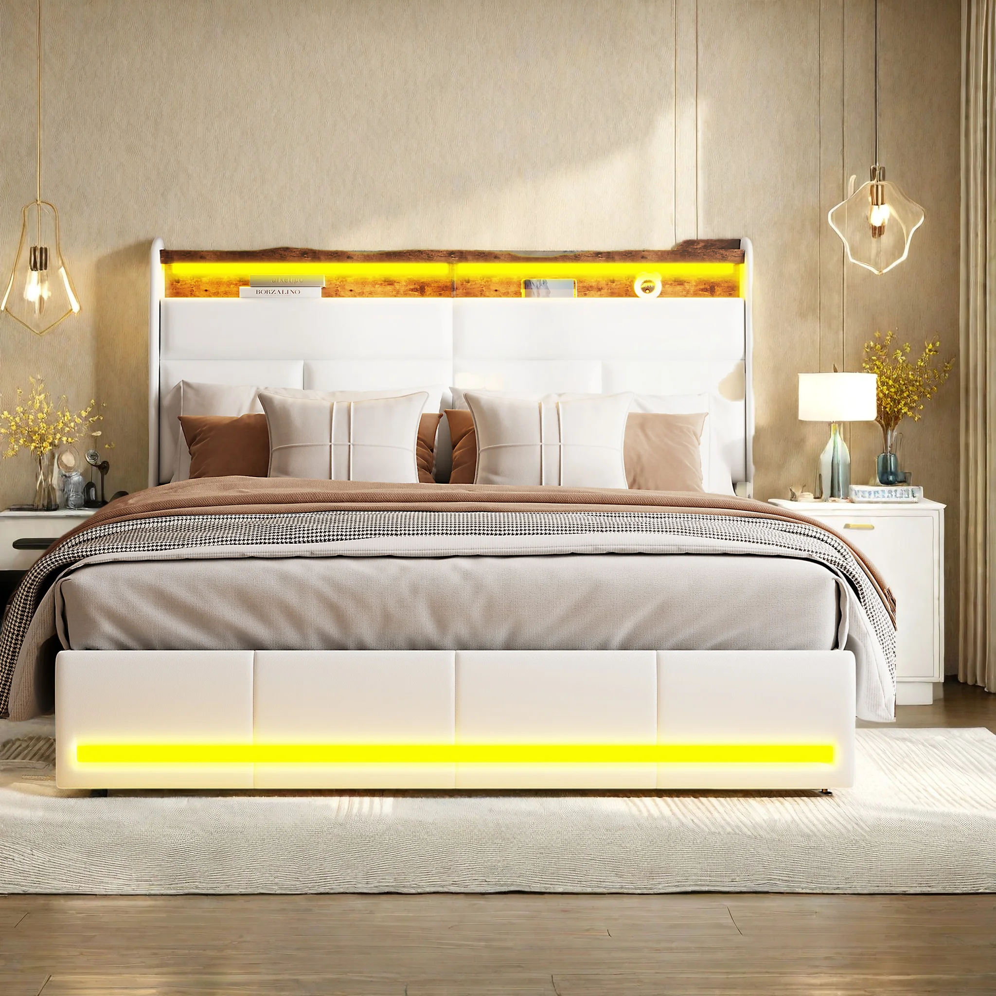 WoodenAura Polsterbett Doppelbett, Bett mit Bettkasten 140x200, Bett 140x200 mit LED, Doppelbett mit Lattenrost, ohne Matratze