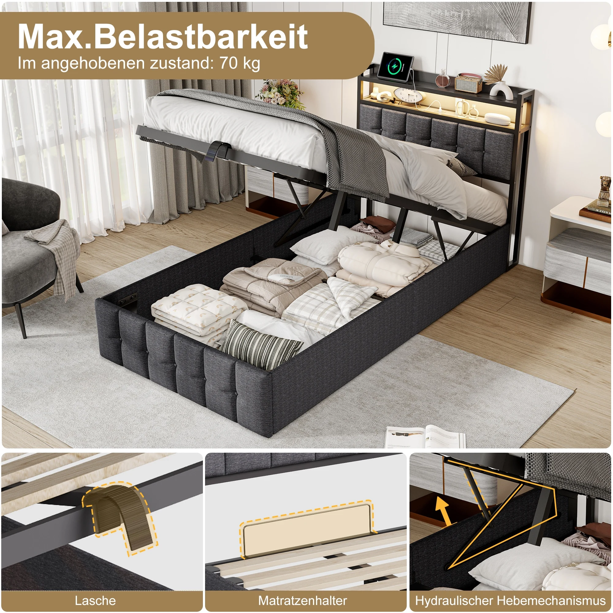 Rosahqnda Kinderpolsterbett, 90x200cm, mit LED und USB, Stauraum, Einzelbett, Lattenrost, Samt-/Leinenstoff Image