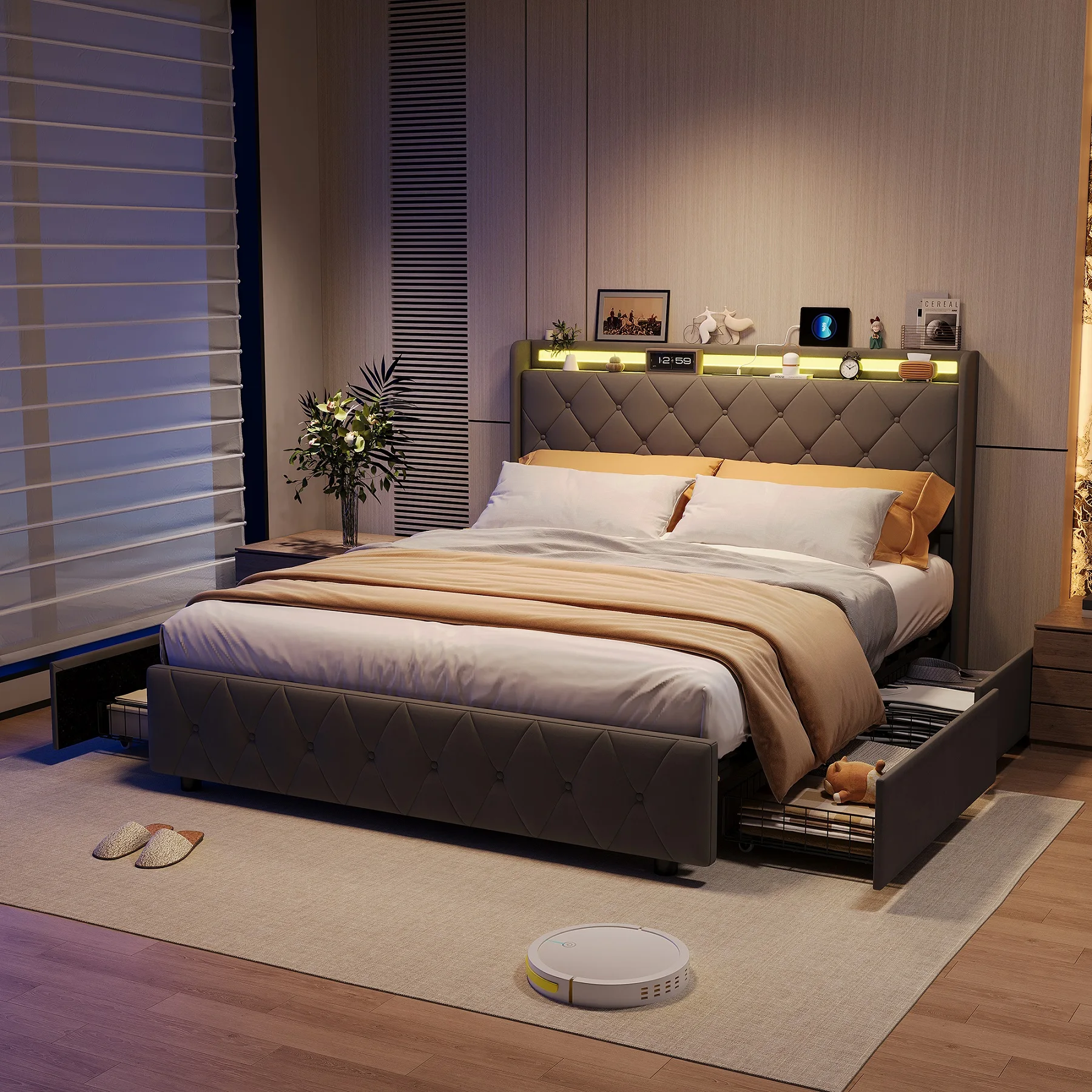 Rosahqnda Bett 140x200cm mit LED-Beleuchtung, USB-Ladefunktion, 4 Schubladen, 90/160x200cm, modernes Bett, Jugendbett, Samtstoff, ohne Matratze Image