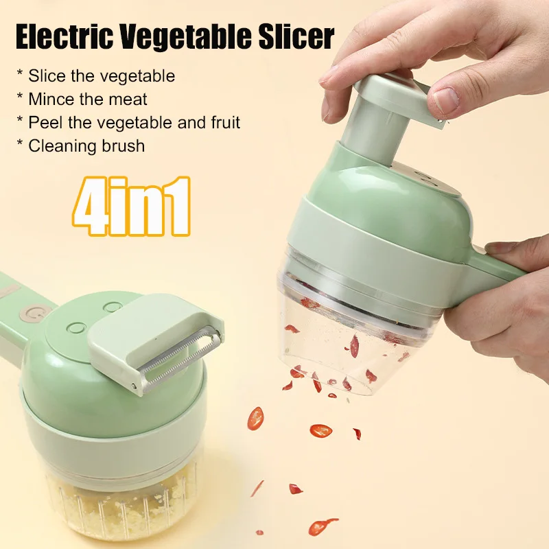 4in1 Elektrische Gemüse Cutter Hause Handheld Drahtlose Elektrische Knoblauch Stampfer Lebensmittel Chopper Fleischwolf Obst Schäler Lebensmittel Slicer Image