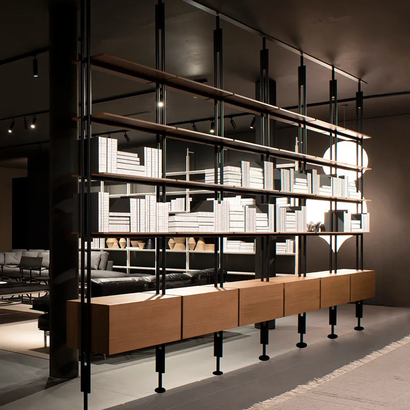 Libreria italiana in ferro battuto Libreria in legno massello dal pavimento al soffitto Libreria minimalista Scaffale divisorio per soggiorno Parete completa bo