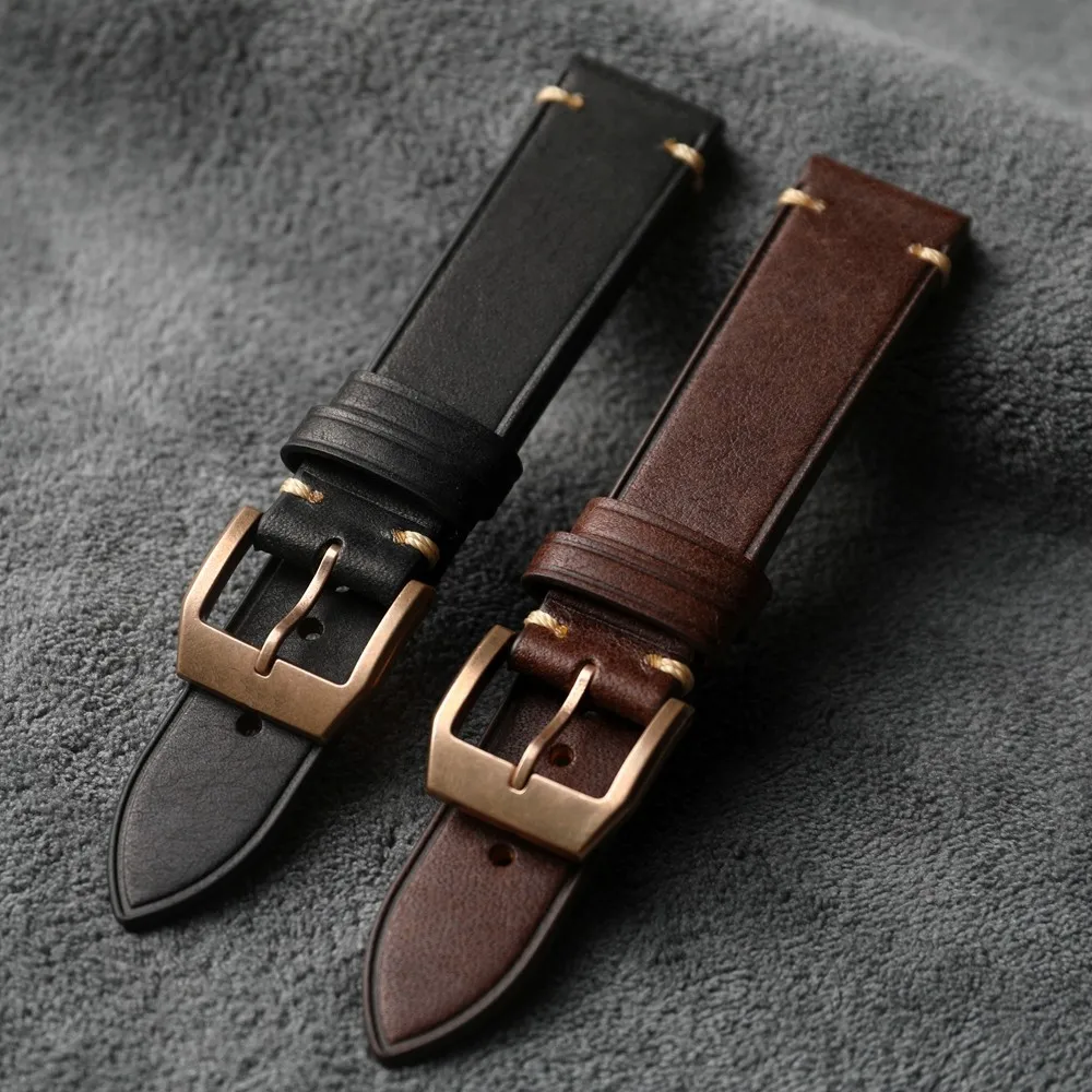 Handgefertigtes Kopf-Rindslederarmband, 20 mm, 21 mm, braun, grün, schwarz, Vintage-Stil, Bronze-Uhr, Bronze-Schnalle