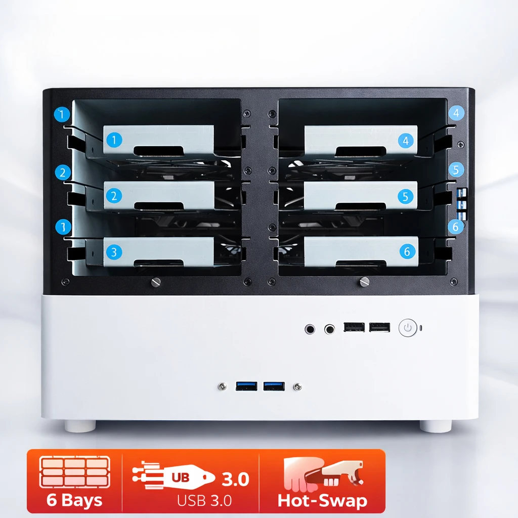6-Bay NAS-Gehäuse DIY Mini-ITX-Chassis mit SATA-Backplane-Board, Unterstützt 1U Netzteil, 2,5/3,5 Zoll HDD SSD Speicher-Server-Gehäuse