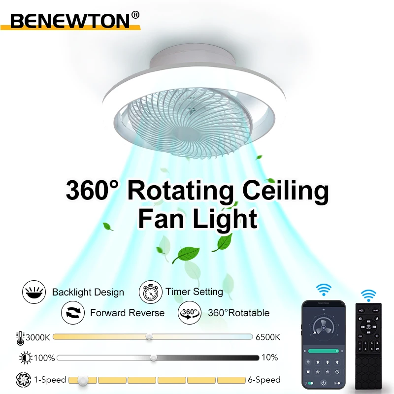 360 ° Drehbarer smarter Deckenventilator mit Licht, App- und Fernbedienung, 6 Windgeschwindigkeiten, Hintergrundbeleuchtung, oszillierender Ventilator mit Licht für das Wohnzimmer Image