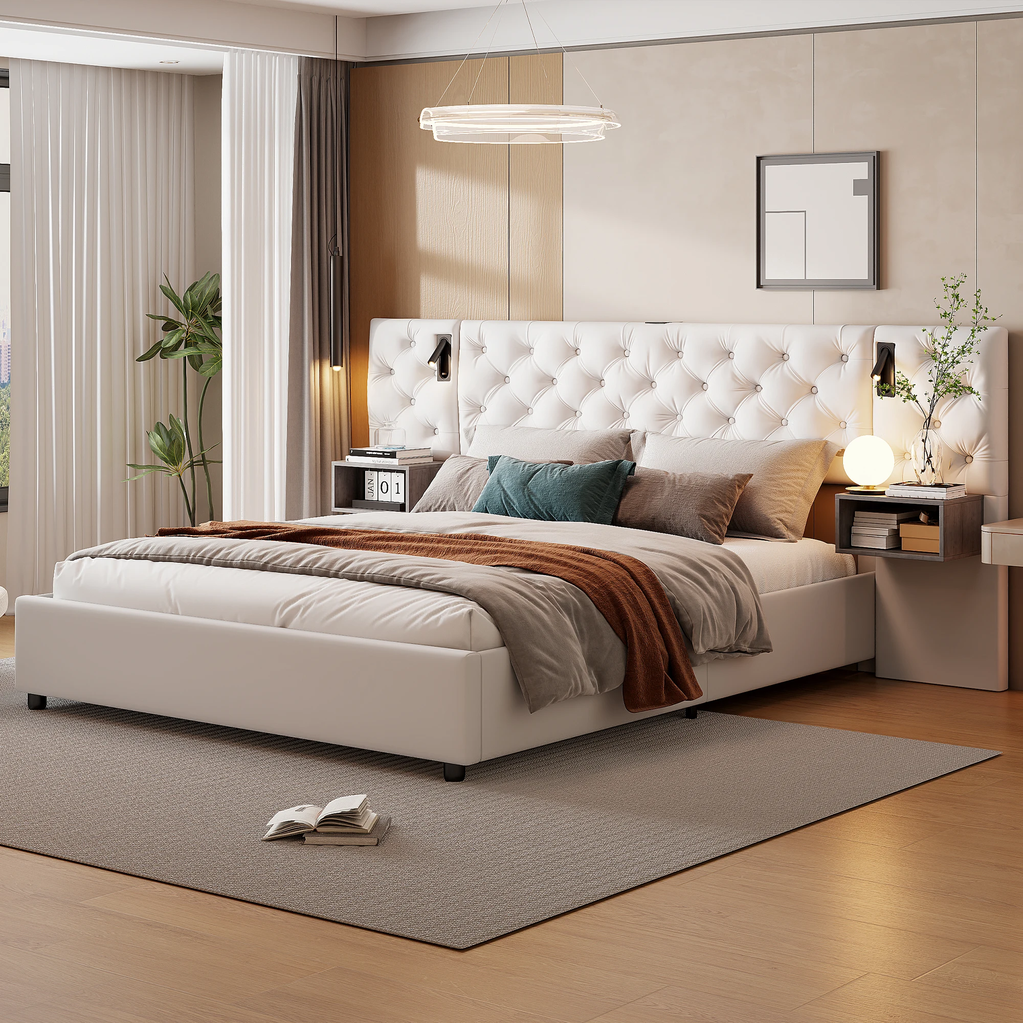 Comanlai Samtbezogenes Doppelbett mit Hydraulischem Stauraum im Kopfteil, Nachttisch mit Leselampe Image