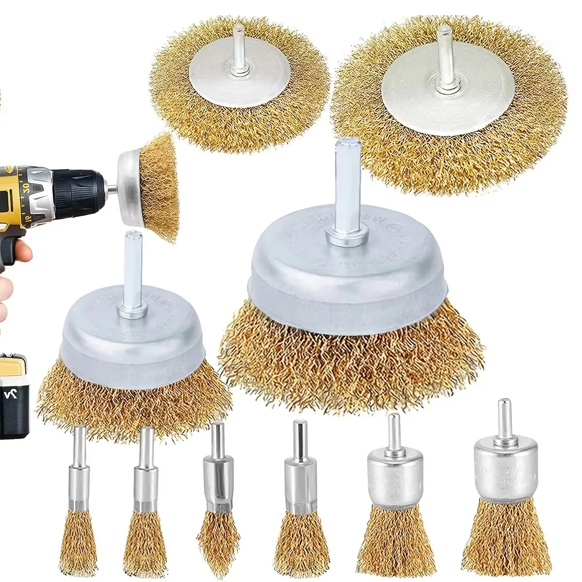 Stahldrahtbürsten-Set, 10-teilig, Grobe Wellenbürsten mit 1/4 Zoll Schaft für Bohrmaschinen Image