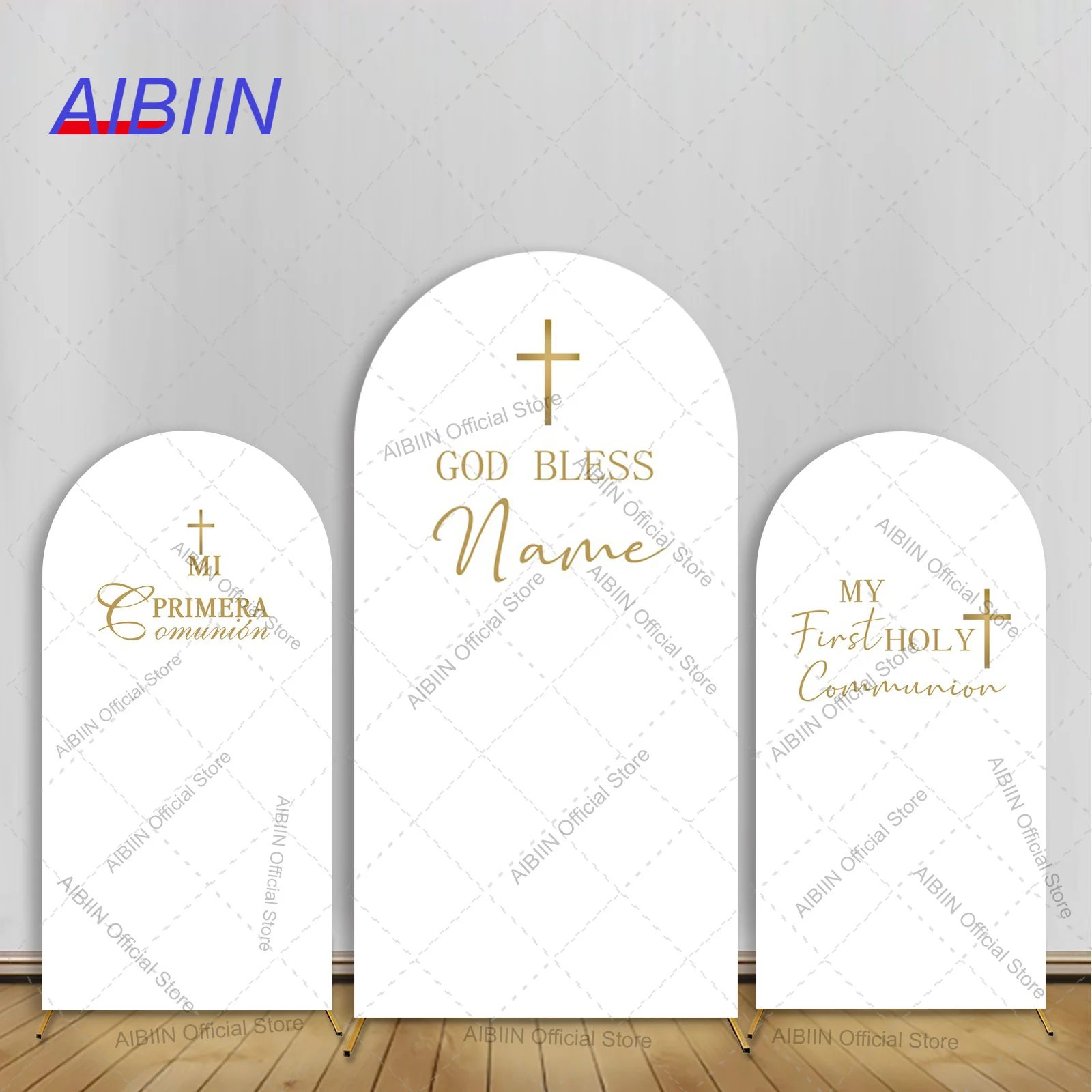 Mein Erstes Heiliges Kommunion-Torbogen-Hintergrund-Cover: Schlichtes Design, Goldkreuz, personalisierter Name, Gott segne, Taufparty-Dekor, Hintergrund Image