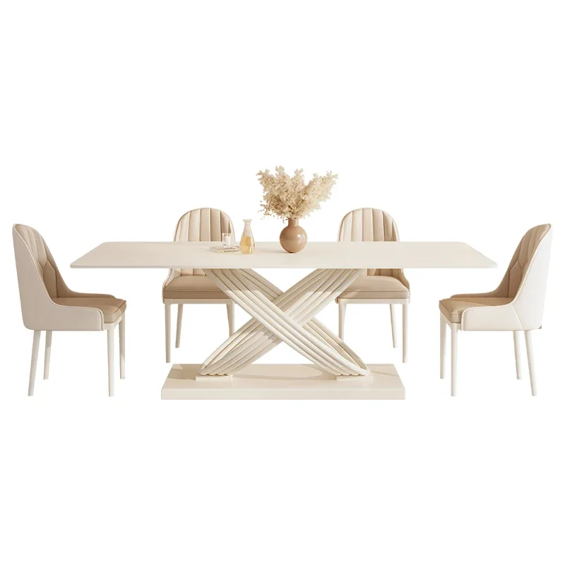 Zeitgenössisches Luxus-Esstisch-Set mit Rechteckiger Marmorplatte und Stühlen für 4-6 Personen Weiße Metallmöbel für das Esszimmer Image