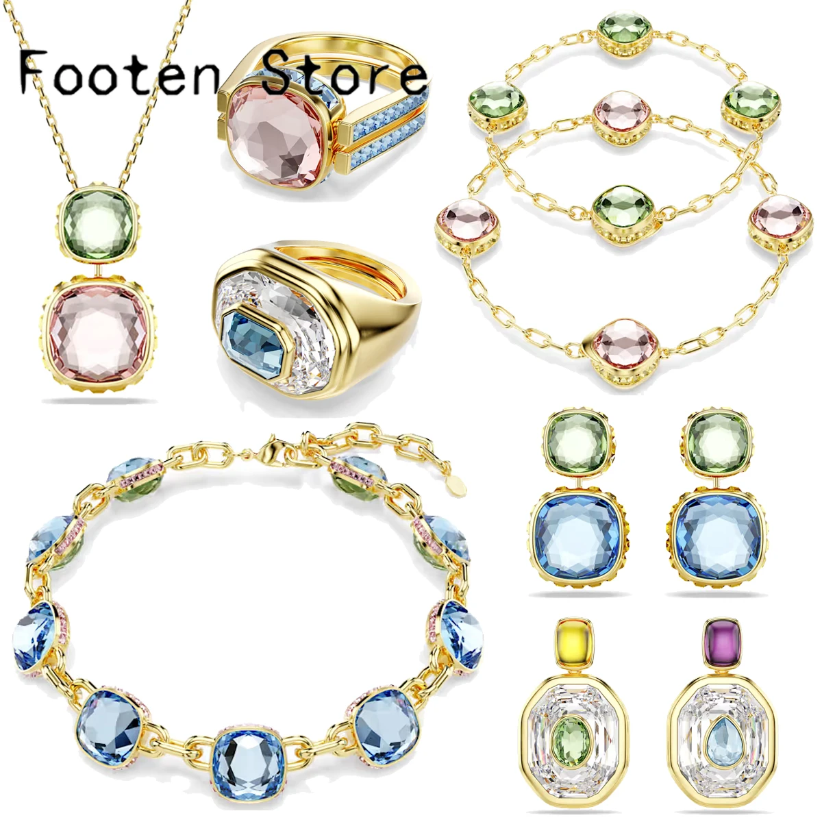 2026 Neuer Trend Edle Party-Schmucksets Bezaubernde Grün-Rosa-Blaue Wassertropfen-Kristalle Luxuriöse Halsketten Ohrringe Ring Geschenk für Frauen Image