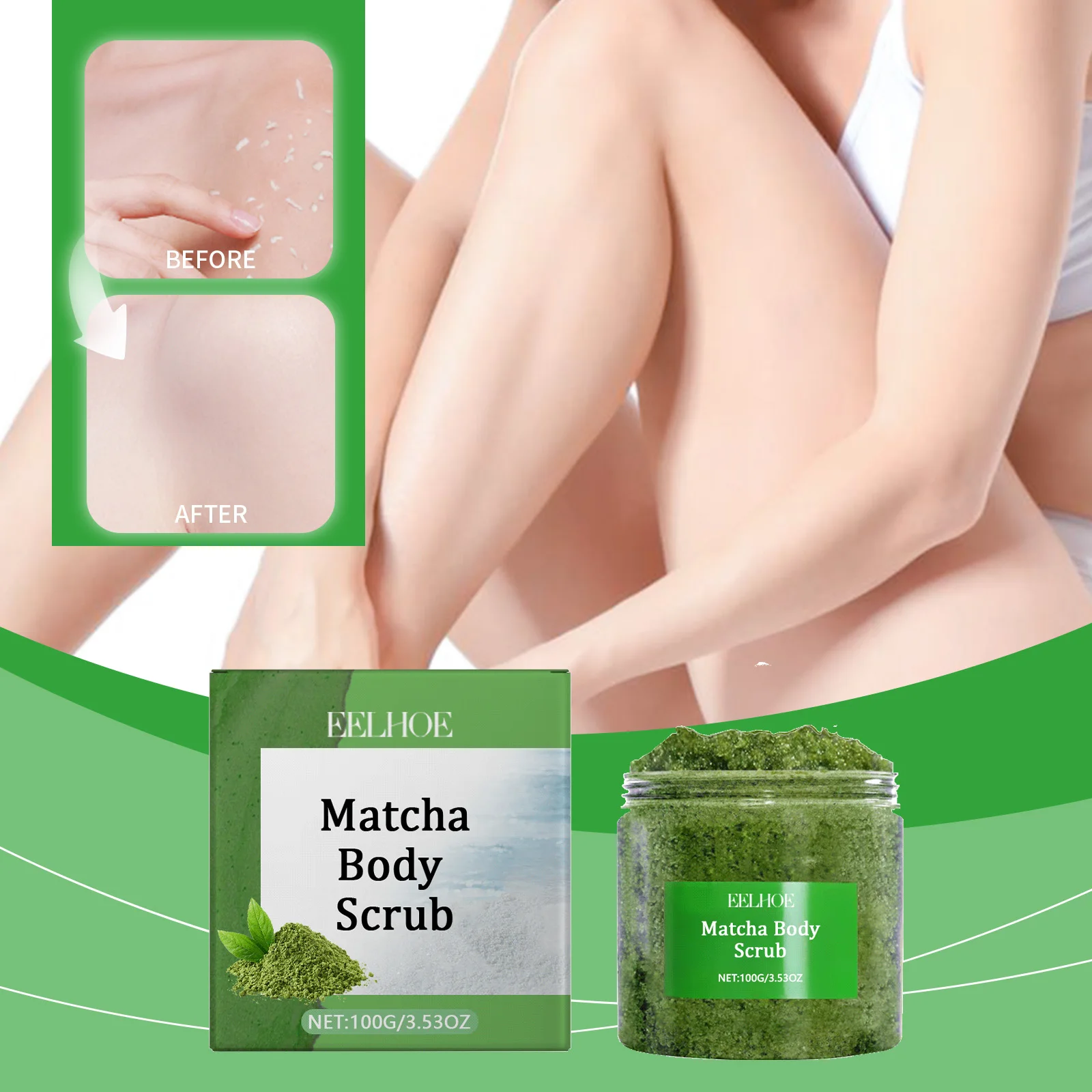Matcha-Meersalz-Körperpeeling, Peeling, Tiefenreinigung, feuchtigkeitsspendend, feuchtigkeitsspendend, Entfernung abgestorbener Haut, Verbesserung trockener, rauer, glatter Haut Image