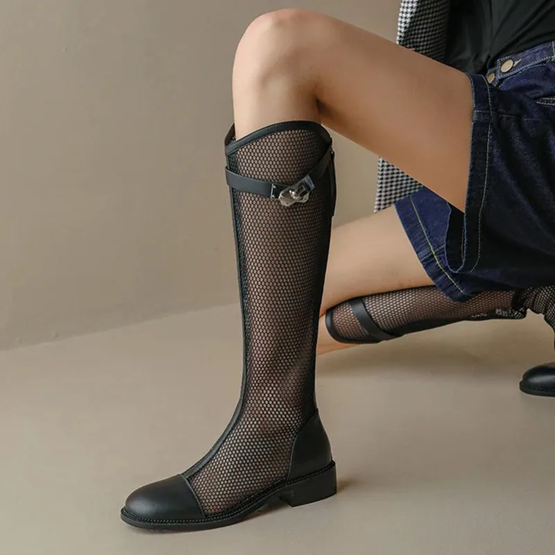 Sommer Neue Frau Schuhe Hohe Stiefel Schwarz Weiß Hohe Stiefel Frau Niedrigen Ferse Casual Sneaker PU Leder Weibliche Lange Schuhe