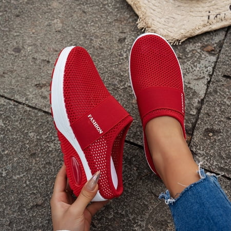 Women s Mules Backless Sneakers for Women Backless Tennis Shoes for Women Womens Summer Mules Mules for Women 2026 Hollow Out Women s Ladies Mesh Shoes Footwear Flat Breathable Shoes Red 9.5