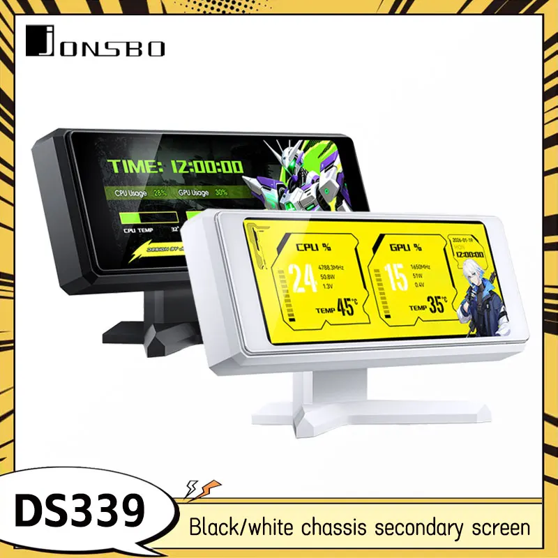 JONSBO DS339 Gehäuse mit Sekundärbildschirm 3,39-Zoll IPS-Bildschirm Multi-Format Anpassbares Design USB-Schnittstelle Direktanschluss Schwarz/Weiß Image