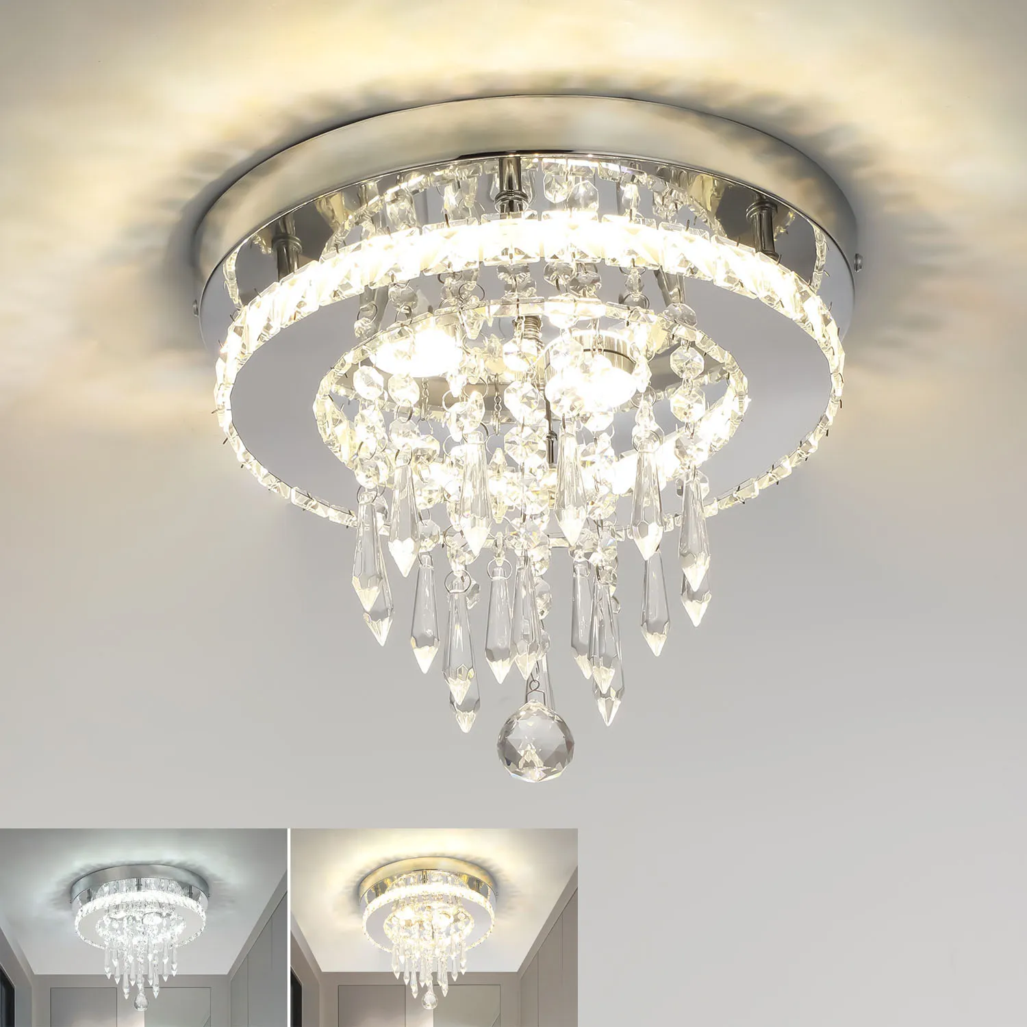 Runde LED-Kristall-Deckenleuchte Dimmbare Deckenbeleuchtung Kristall-Kronleuchter Pendelleuchte für Wohnzimmer Schlafzimmer Flur Küche