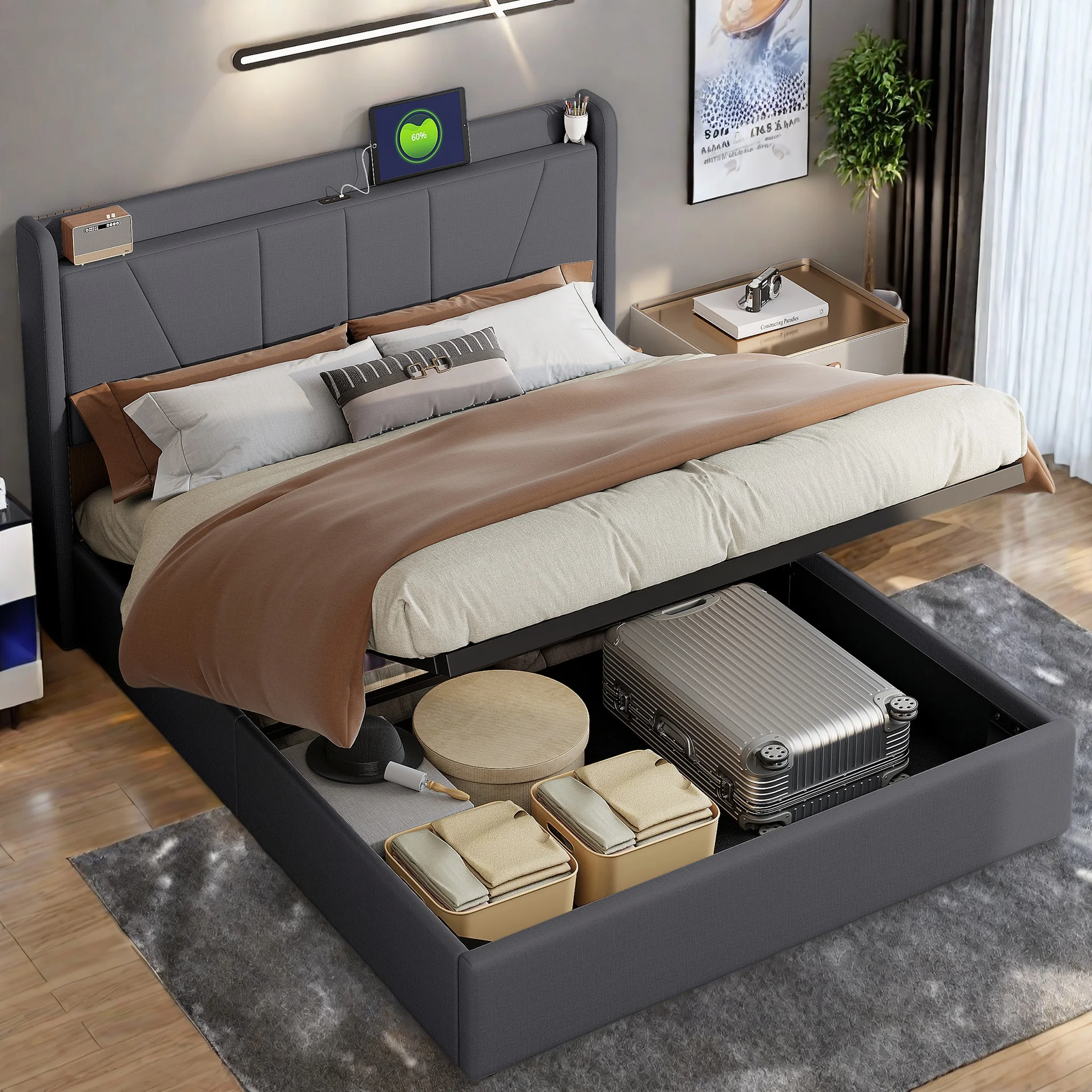 Comanlai 160x200cm Gepolstertes Doppelbett mit USB Typ C, Stauraum und Lattenrost, Leinen, Grau Image