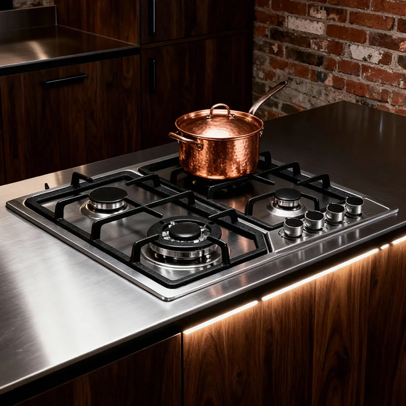 3,3 kW 4-Brenner-Gasherd aus Edelstahl mit integriertem Dual-Purpose-Herd, optionaler Flammendurchschlagschutz-Herd für die Küche zu Hause Image