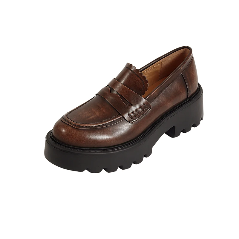 Frau Plattform Schuhe Runde Kappe Echtes Leder Loafer Dicken Absätzen Slip Auf Schwarz Braun Damen Schuhe Frühling Herbst Creepers