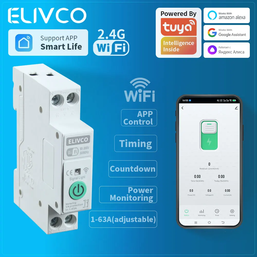 Tuya WLAN-Smart-Leistungsschalter 1-63A mit Messfunktion, Timer-Relais, MCB, Spannungs- und Stromschutz, kompatibel mit Alexa, Google Home, Alice Image