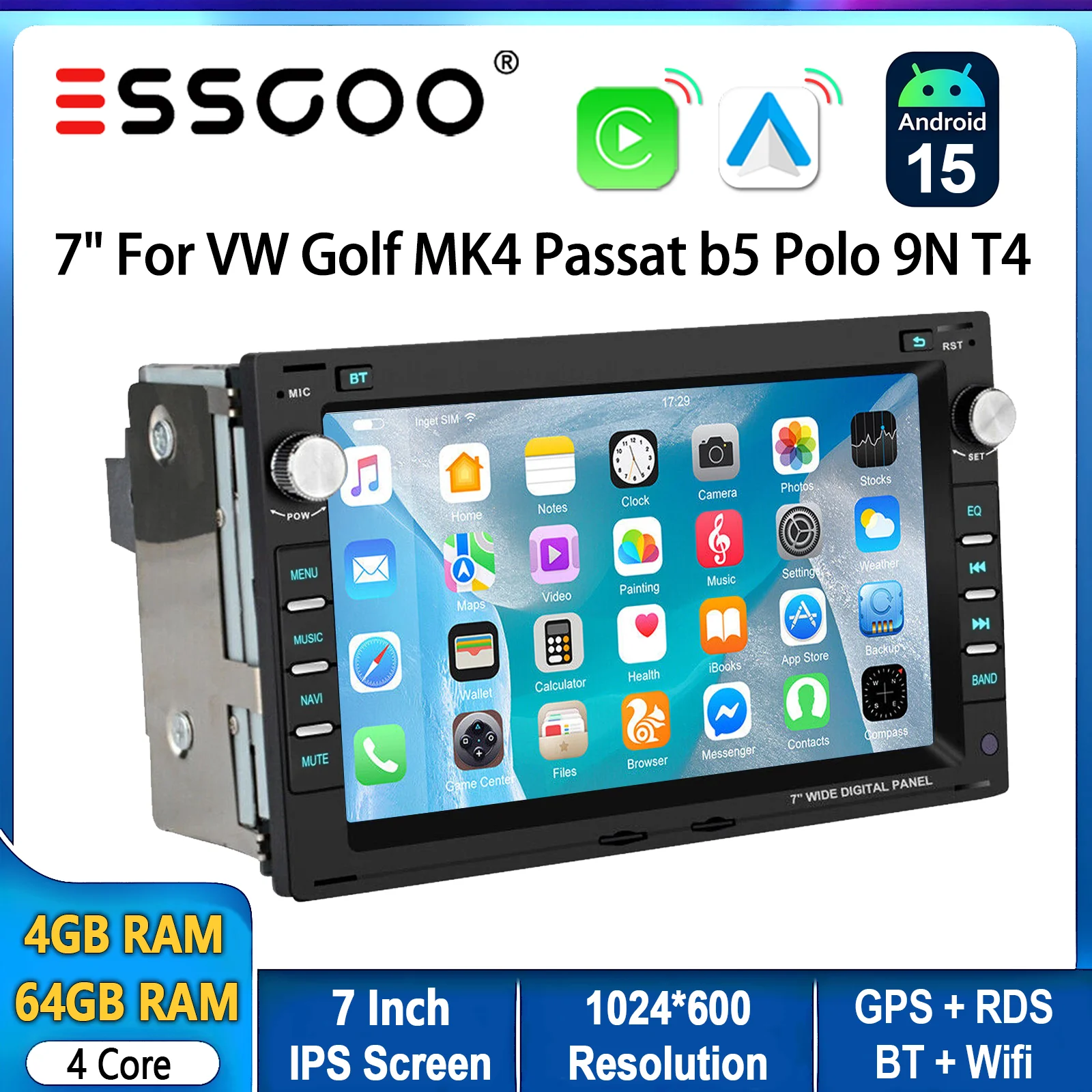 Autoradio ESSGOO Android 15 7 Zoll 64G für VW Polo 9N Golf 4 Passat B5 T5 Multivan Seat Jetta Drahtloses CarPlay Android Auto GPS Navigation FM Bluetooth RDS Lenkradsteuerung Mirror Link IPS Image