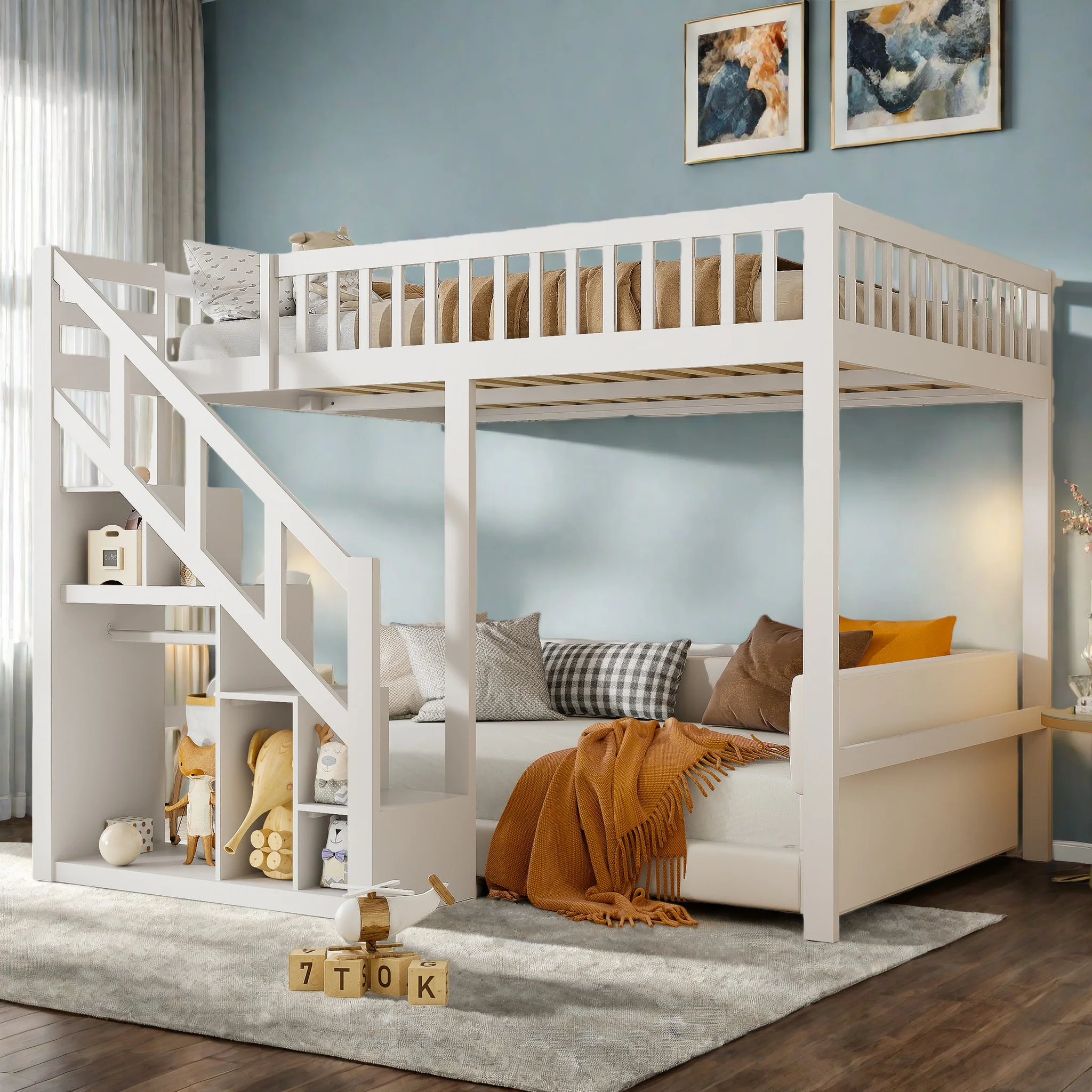 Rosahqnda Etagenbett 140x200 cm Kinderbett mit Lattenrost, Ablageregal und Treppe, Holz-Kinderbett mit einfachem Kleiderschrank Image