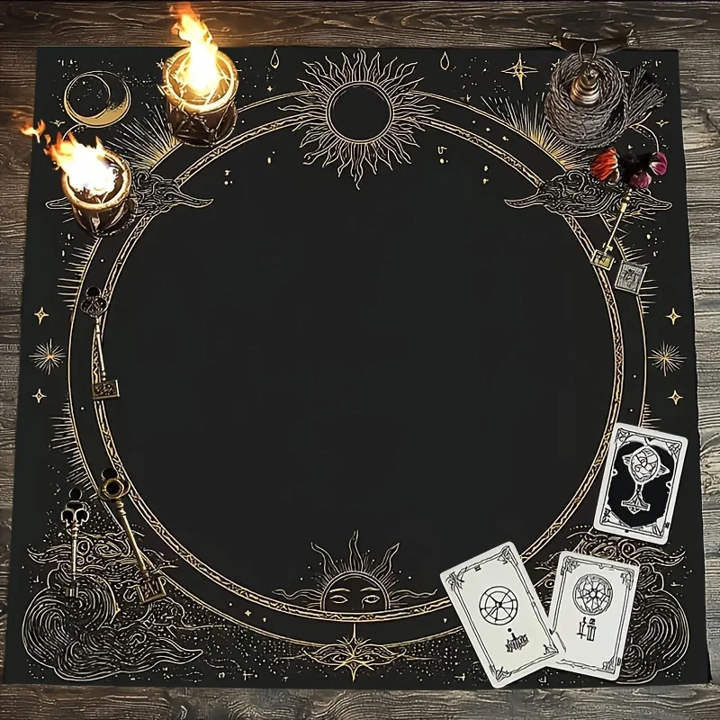 VIKAMA Schwarz-Gold Sonne-Mond-Himmel-Ring Tarot-Karten-Tischdecke mit orientalischem Wolkenmuster, weißes Altartuch, Divinationsmatte Image