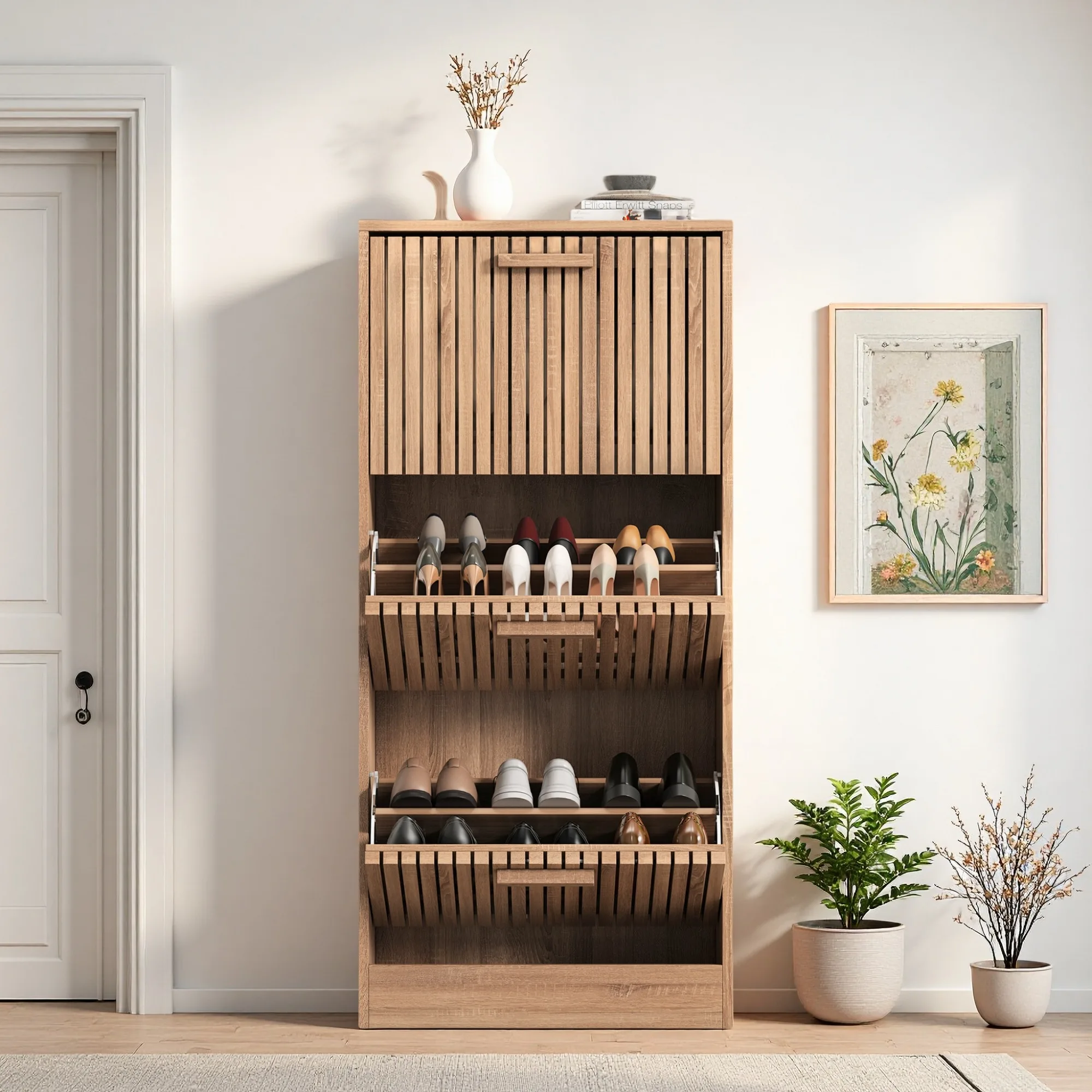 Rosahqnda Schuhschrank, 3-stufiger Rattan-Schuhschrank mit Holzgriff, Aufbewahrung im Eingangsbereich, Rattan-Holzschrank für Wohnzimmer und Flur