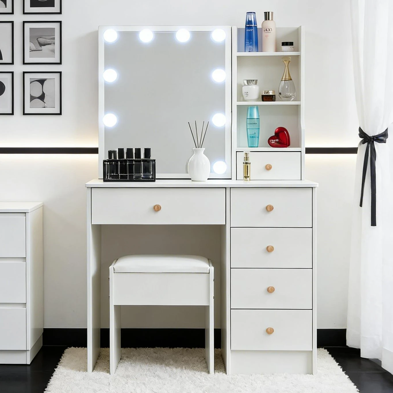 Teousev Weißer LED-Schminktisch-Set mit 6 Schubladen, Spiegel & Hocker, 3 Farben Dimmbare Touch-Steuerung Beleuchteter Make-up-Tisch für Schlafzimmer Image