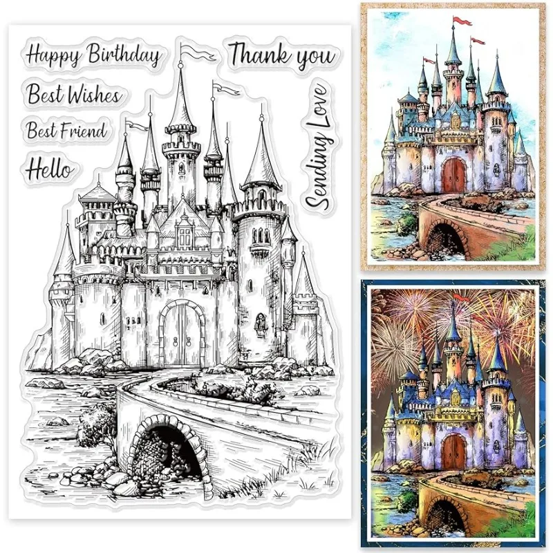1 Blatt transparente Vintage-Schloss-Hintergrundstempel, Retro-Schloss-Segenwände, Silikon-Stempelsiegel für die Kartenherstellung, 16 x 11 x 0,3 cm Image