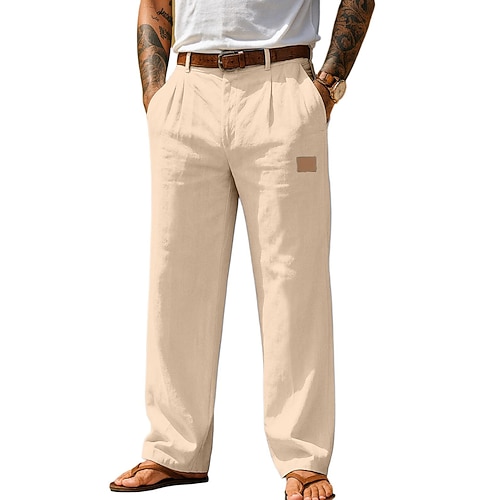 Herren Leinenhosen Hose Sommerhose Baggy-Hosen Tasche Elastischer Bund Einfach Komfort Atmungsaktiv Volle Länge Täglich Outdoor Geschäft Mode Klassicher Stil Blau Schwarz Unelastisch Image
