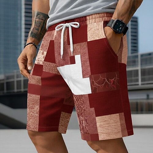 Herren Farbblock Patchwork Karo / Karomuster Badehosen Badeshorts Boardshorts Mittlere Taille Modisch lässig Outdoor Urlaub Alltagskleidung Seitentaschen Netzfutter Elastischer Kordelzug in der Taille Image