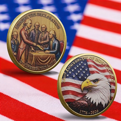 Gedenkmünze zum 250. Jahrestag der Unabhängigkeit der USA mit Darstellung der Unabhängigkeitserklärung und eines Weißkopfseeadlers – ein Sammlerstück. Image