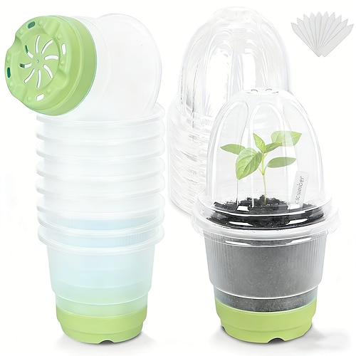 10 Stück 10 cm große Anzuchtbecher mit Deckel und Pflanzenetiketten, transparente Anzuchttöpfe, wiederverwendbare Kunststoffblumentöpfe mit verstärktem Boden für einfaches Umpflanzen Aussaat Image