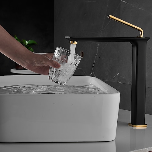 Waschbecken-Mischbatterie Messing, hoch/kurz Badarmatur Einhand-Einloch-Deck montiert mit Kalt-Warm-Schlauch-Badarmaturen Gefäß-Wasserhahn Image