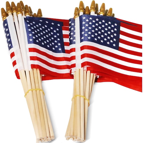 Patriotische amerikanische Mini-Flaggen – 20/50 Stück (10 x 15 cm) große Holzflaggen der USA mit hochwertigen Holzstangen und sicheren goldenen Speerspitzen – 4. Juli, Unabhängigkeitstag, 250. Image