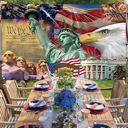Wandbehang im amerikanischen Stil mit Freiheitsstatue, Weißkopfseeadler und bekannten Wahrzeichen, ideal für die Heimdekoration und als patriotisches Accessoire. Image