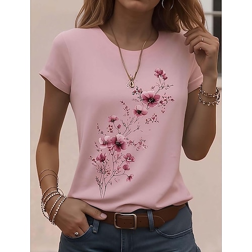 Damen T Shirt Druck Grafik Tiermotiv Pflanzen Vintage Stilvoll Klassisch Kurzarm Rundhalsausschnitt Rundhals Normale Oberteile Täglich Wochenende Blau Weiß Rosa Sommer Frühling Image