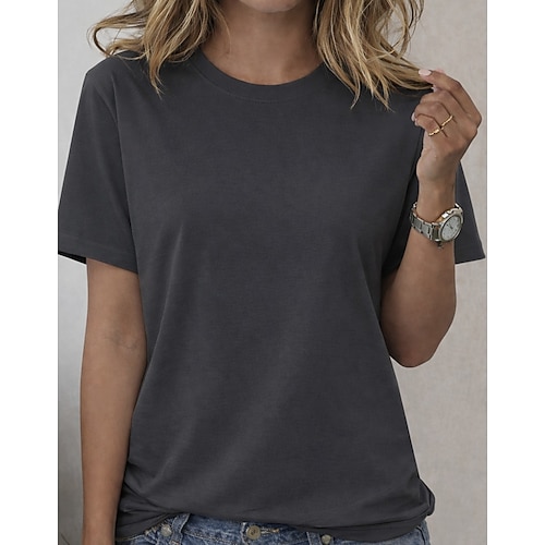 Frauen 100% Baumwolle Plus Size Übergröße T-Shirt Tee Einfarbig Stylisch Basic Lässig Kurzarm Rundhalsausschnitt Reguläre Oberteile Täglich Ausgehen SAND Schwarz Weiß Dunkelgrau Taupe Sommer Frühling Image