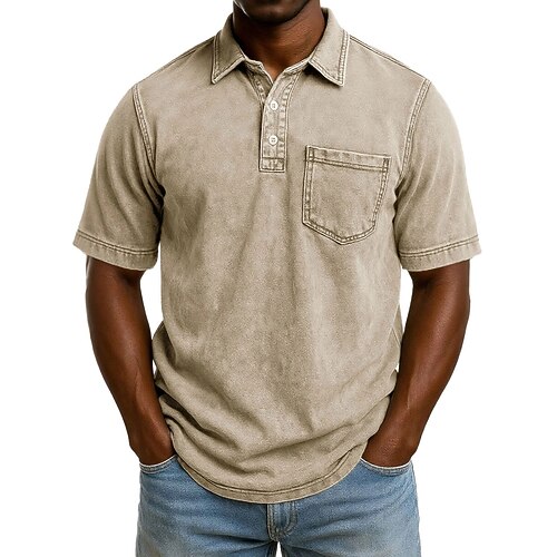 SoftFade™ Herren Acid Wash Shirt Baumwoll Polo Shirt Lässiges Urlaubshemd Kragen Gerippter Polo Kragen Kurze Ärmel Mode Basic Einfarbig Vintage Gebrauchsspuren Sommer Frühling Reguläre Passform Image