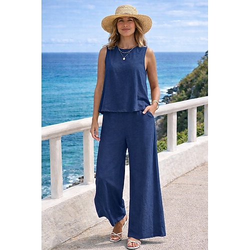 Damen Baumwoll-Leinen-Sets Zweiteilige Sets Bluse Hosen Hose Ärmellos Rundhalsausschnitt Einfarbig Elegant Mode Streetwear Lässig Täglich Outdoor Schwarz Gelb Dunkelmarine Sommer Normale Passform Image