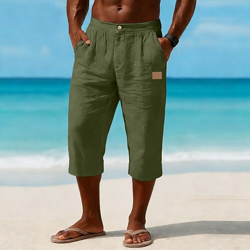 Herren Leinenhosen Caprihose Sommerhose Strandhose Tasche Elastischer Bund Einfarbig Komfort Atmungsaktiv Wadenlang Täglich Outdoor Strand Urlaub Mode Blau Cachi scuro Unelastisch Image