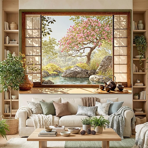 3D-Wandteppich mit Zen-Garten-Fensterblick, Kirschblüten, Sakura-Teich, Felsen, Shoji-Schirm, Teeservice, Wohnzimmer-, Schlafzimmer- und Bürodekoration Image