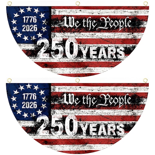 2 Stück U.S. 250. Jubiläumsflagge 1,5x3 FT 1776-2026 Fan-Flags Wimpel-Flagge patriotische Sterne Garten-Schilder hängende Dekoration für draußen Eingangstür Veranda Willkommens-Hintergrund mit Image