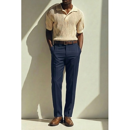 Herren Baumwolle Leinen Anzughose Freizeithose Geschäft Formell Lang Mode Täglich Lässig Weiß Dunkelmarine Himmelblau Einfarbig Normale Passform Unelastisch Image