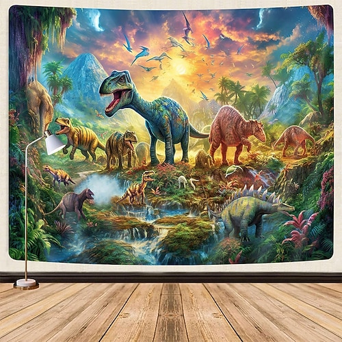 Prähistorische Dinosaurierwelt, farbenfroher Sonnenuntergang, T-Rex, Brachiosaurus, Stegosaurus, Wasserfall, tropischer Dschungel, Wandteppich, Wandbehang, Kinderzimmer, Jungenspielzimmer, Dekoration, Image