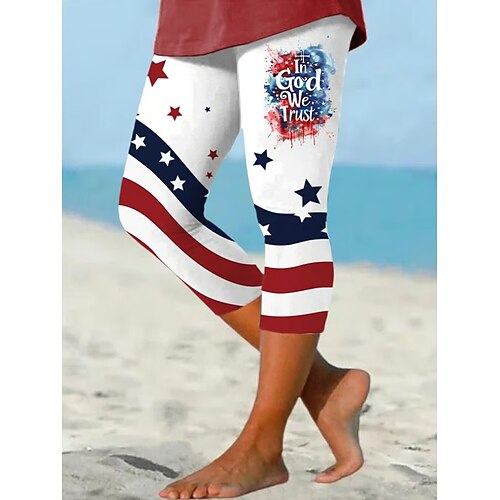 Damen Caprihose Leggings Urlaub Hawaiianisch Stilvoll Capris Mittlere TaillenliniePantsAmerikanischer Unabhängigkeitstag Grafik Nationalflagge Druck Komfort Dehnbar Täglich Outdoor Urlaub Weiß Sommer Image
