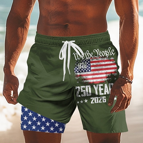 Herren 250. Jahrestag des Unabhängigkeitstages der USA am 4. Juli US Flagge Wir die Leute Gefütterte Shorts 2 in 1 Badeshorts Badeshorts Mittlere Taille Patriotisch Ferien Seitentaschen Mit Image