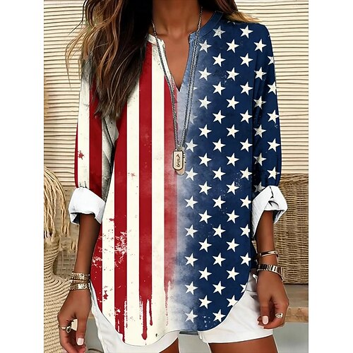 Amerikanischer Unabhängigkeitstag Damen Bluse Druck Flagge Lässig Kurzarm V Ausschnitt Normale Oberteile Täglich Marineblau Khaki Rot / Blau Leicht Blau Sommer Frühling Image