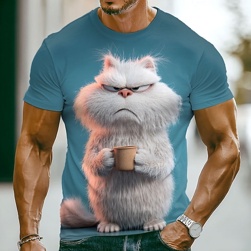 Herren Tiermotiv Katze Lustig T Shirt Kurzarm T-Shirt 3D-Druck Rundhalsausschnitt Hemd Übertrieben Designer Party Ferien Blau Wasserblau Rote Sommer Frühling Bekleidung S M L XL XXL XXXL Image