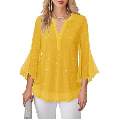 Damen Hemd Bluse Netz Einfach Stilvoll Klassisch Modern Dreiviertelarm V Ausschnitt Normale Oberteile Täglich Ferien Ausgehen Blau Schwarz Gelb Rosa Rote Sommer Frühling Image